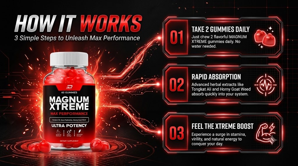 How Magnum Xtreme works: chew 2 gummies daily, ingredients get absorbed, feel the boost in stamina and energy